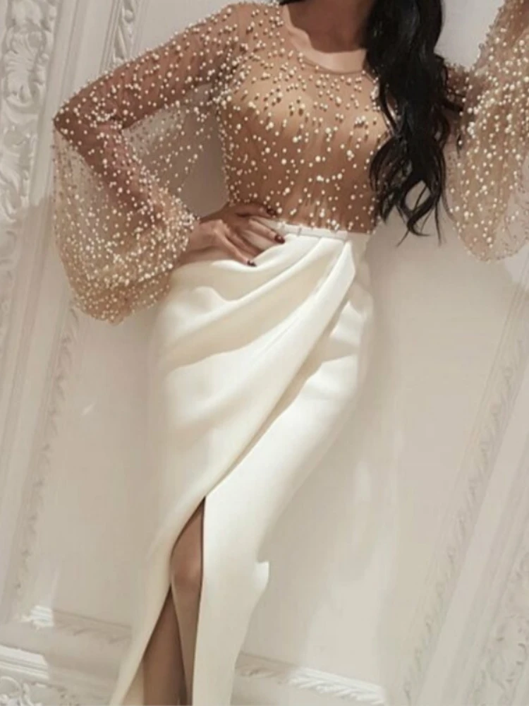 

Женское осеннее платье с длинным рукавом летучая мышь, Сетчатое пикантное лоскутное платье до щиколотки в горошек с О-образным вырезом, Нов...