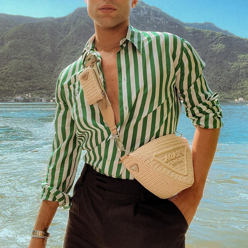 Spring Autumn Shirts Top Men Fashion Loose Striped Pocket Shirt Men's Casual Long Sleeve Single-Breasted Turn-down Collar Shirt