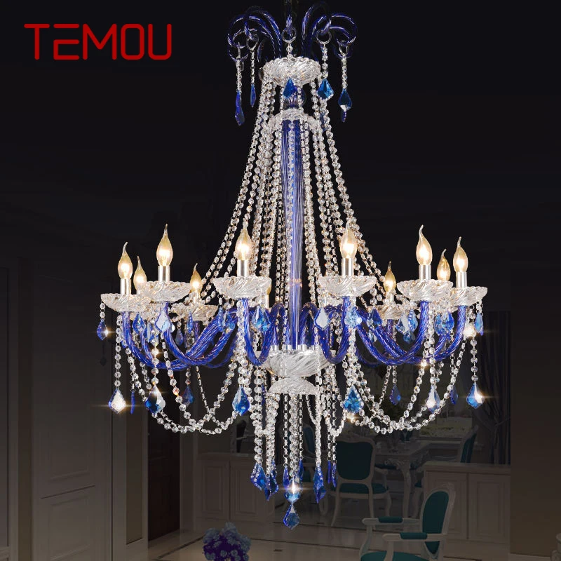 

TEMOU European Style Crystal Pendent Lamp Blue Candle Lamp Living Room Restaurant Villa Staircase Duplex Building KTV Chandelie