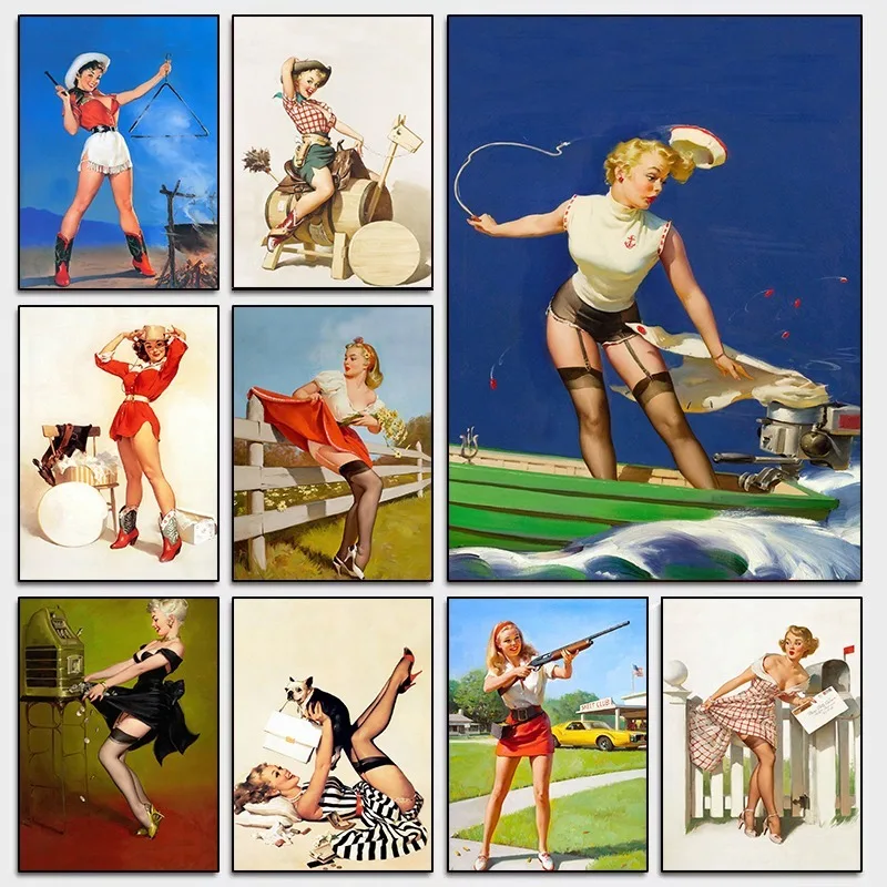 Фото PinUp Cowgirl настенное искусство ретро западный холст с принтом винтажный американский декор для гостиной Ranch домашняя галерея Настенный декор подарок №1