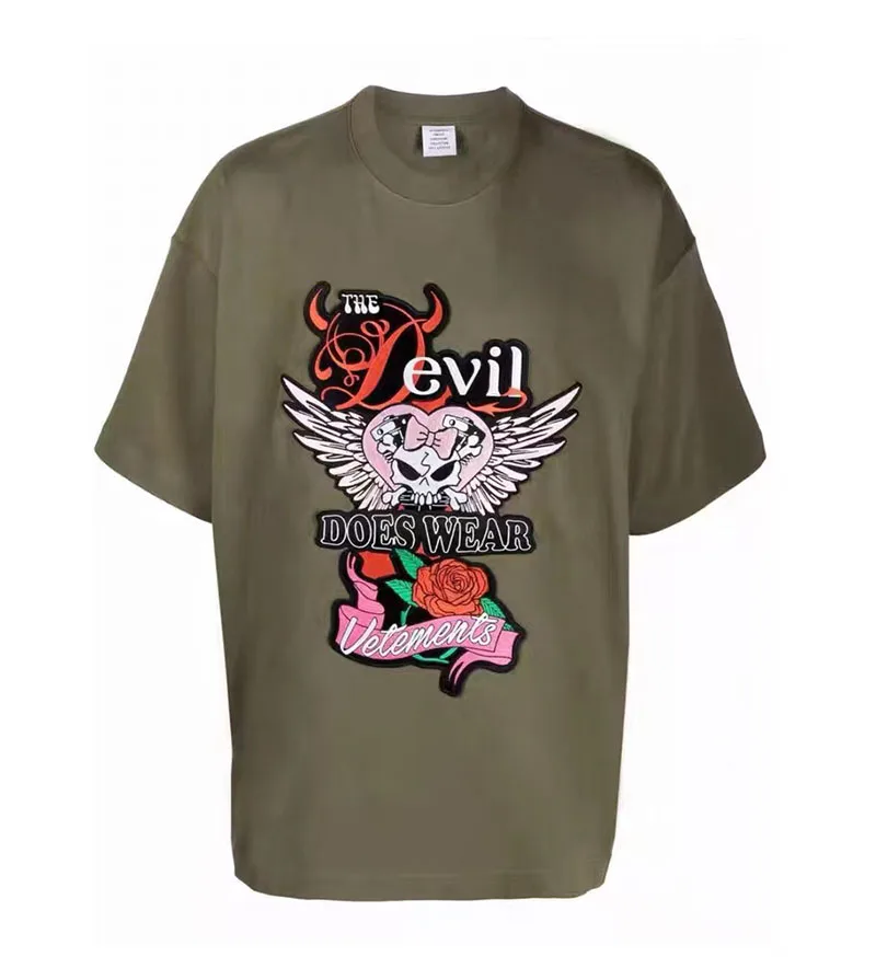 

VETEMENTS Tee Skull Rose Embroidered Men Women 1:1 High Quality Short Sleeve VTM Logo Patch Tee