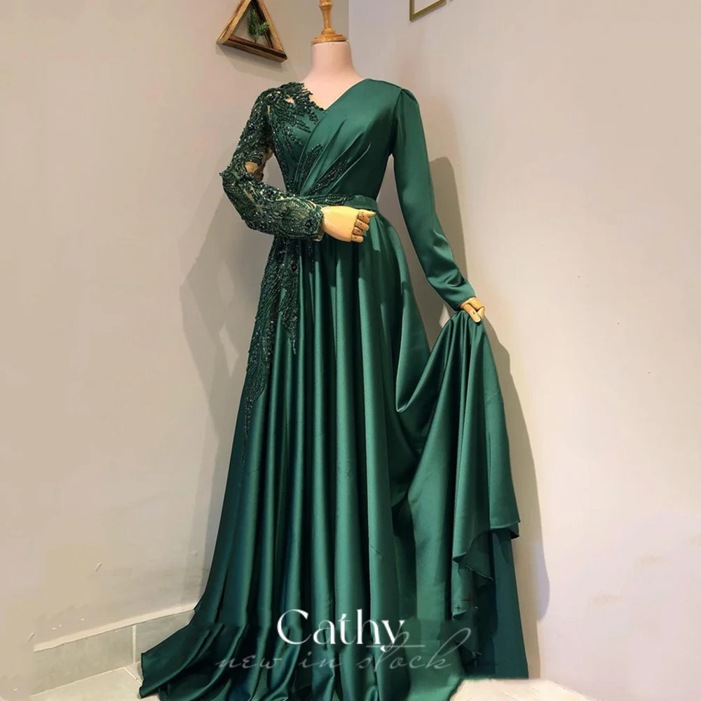 Cathy Muslim Modest Prom Dress 2023 Sequins Embroid Evening Dress Long Sleeve فستان سهرة Emerald Green Silk Party Dresses