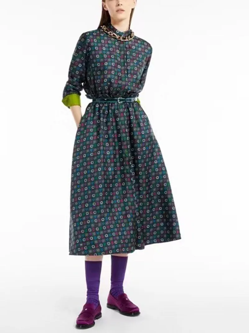 2022 Autum Women 100% Silk Shirt Dress Vintage Print Elastic Waist Long Sleeve O-Neck Ladies Midi Robe