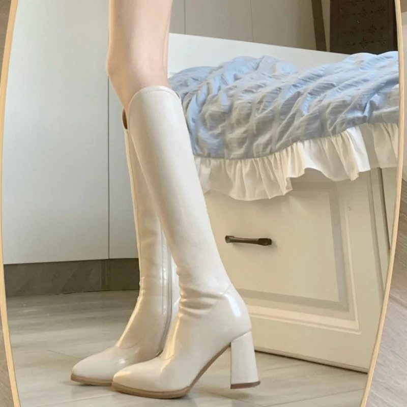 2023 New Autumn Winter Boots Women Pointed Toe Long Boots Back Zippers Square High Heel Ladies Western Cowboy Knee High Botties