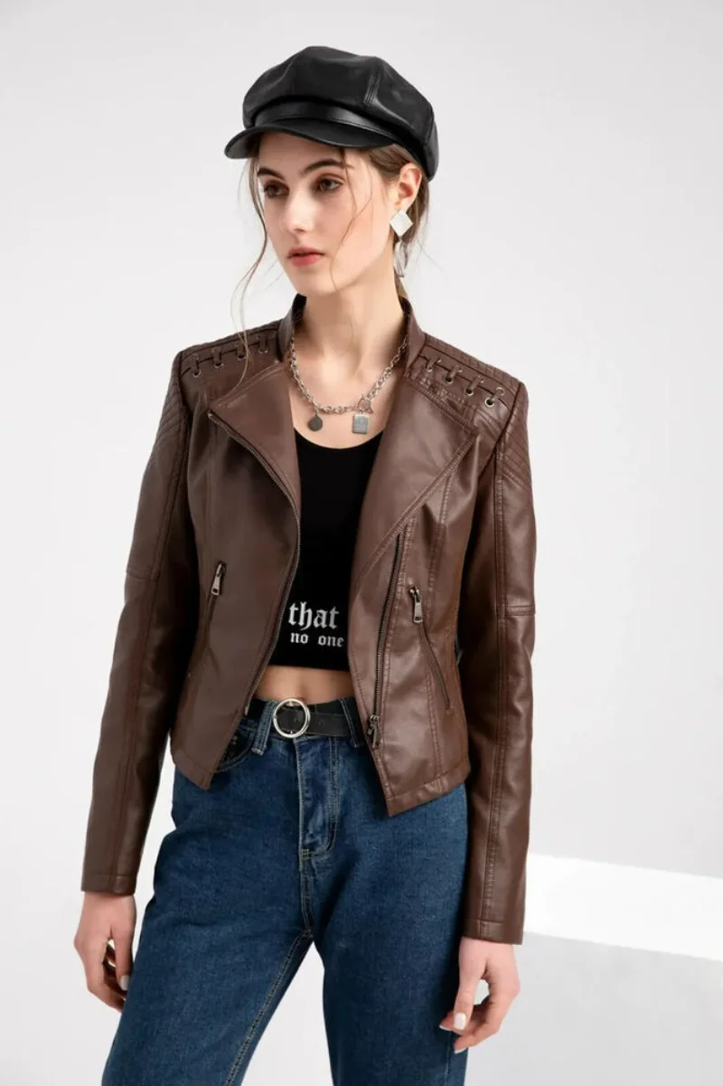 Lambskin Leather Jacket for Women Biker Brown Leather Coat Real Leather Jacket Women