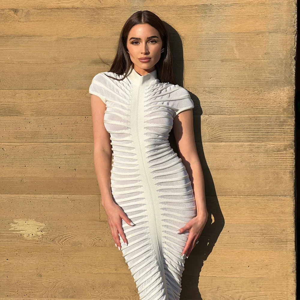 

Summer See Through Knitted Maxi Dress Elegant Sexy Short Sleeve Stand Bodycon White Dress for Women Evening Party Dresses 2023