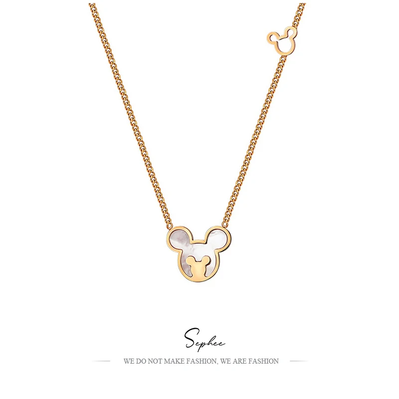 

Disney Fashion Titanium Mickey Necklace Women's Rose Gold White Shell Little Bear Collarbone Chain Pendant Necklace for Kids