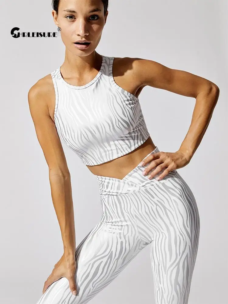 

CHRLEISURE Printed Gym Clothings Women Sports Yoga Set Fitness Sportswear Hot Silver Sports Suit V-Waist Running Leggings Women