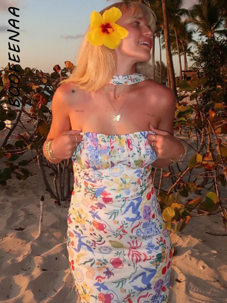 

Платье BOOFEENAA женское длинное с открытой спиной, романтичное элегантное пикантное Макси-платье во французском стиле с цветочным принтом, наряд для отпуска, C95CF24