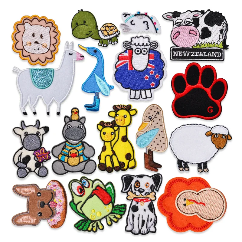 Cartoon Animals Embroidery Iron on Patches Collection Dog Bird Sheep Cow Llama Etc. Cute Cloth Appliques Thermo Adhesive for Kid
