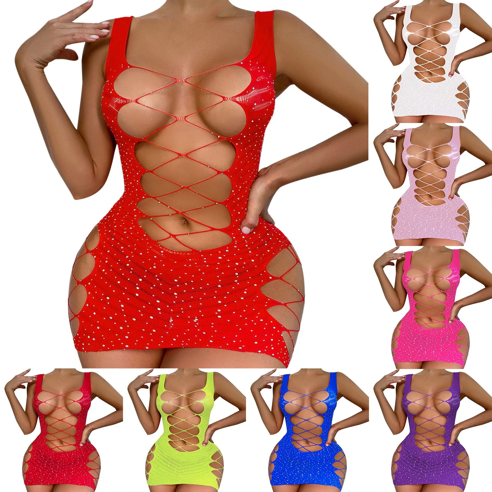

Women Fishnet Dress Camisole Lingerie Nightgowns Chemise Nightwear Sleepwear Sparkly Garter Belt