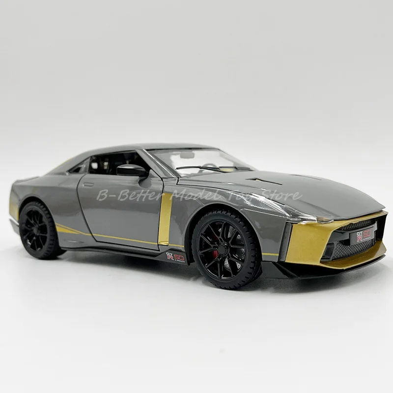 

Модель автомобиля под давлением в масштабе 1:24, Nissan GTR50, Реплика, оттягивающаяся, со звуком и светом, украшение, коллекция и детские подарки