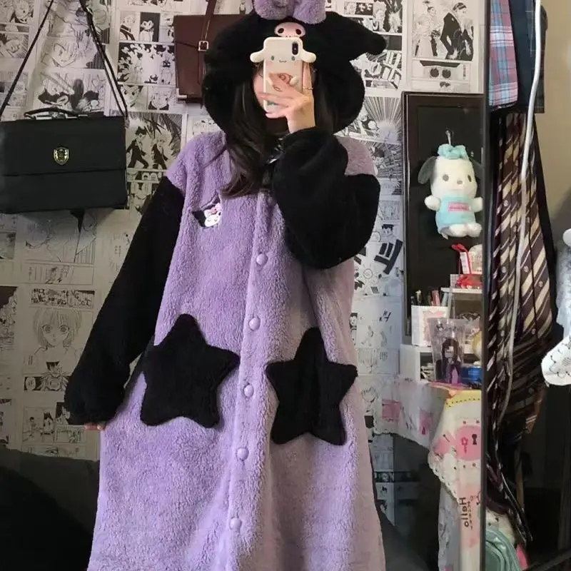 

Kuromi Thickened Nightgown Sanrio Hello Kitty Pajamas Cartoon Coral Fleece Home Clothes Student Dormitory Hooded Nightgown Gift