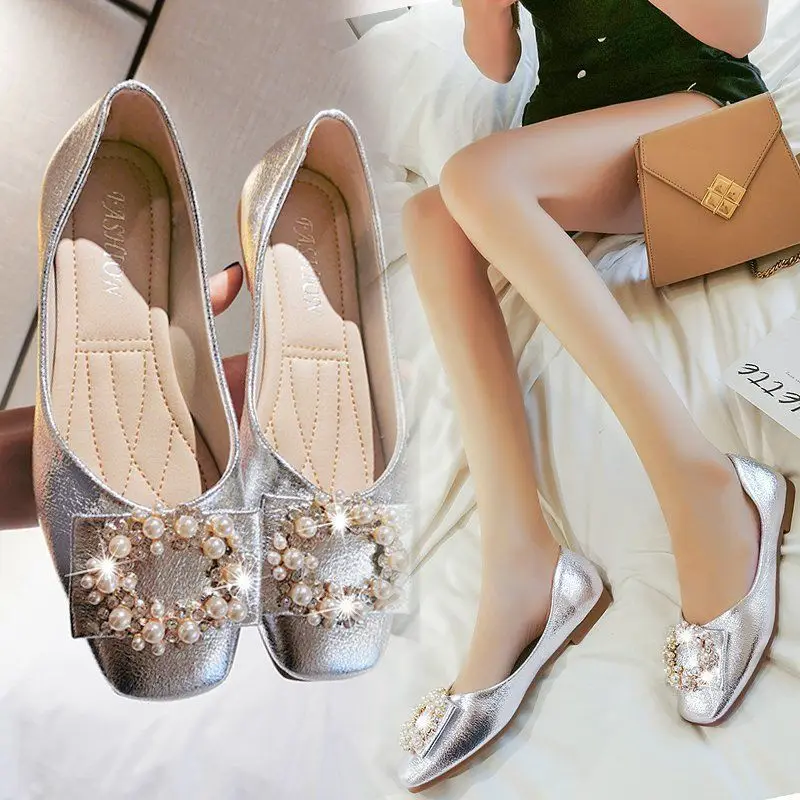 

Ladies Summer Footwear Evening Diamond Shoes for Women 2023 Square Toe Flat Flats Gold Pearl Rhinestone with Crystals Stylish E