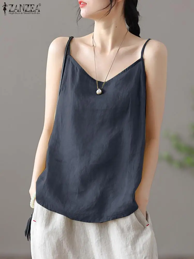 

ZANZEA Summer Tanks Tops WomenBlouse Vintage Solid Straps Sleeveless Cotton Camis Casual Loose Beach Holiday Blusas Tunic 2023