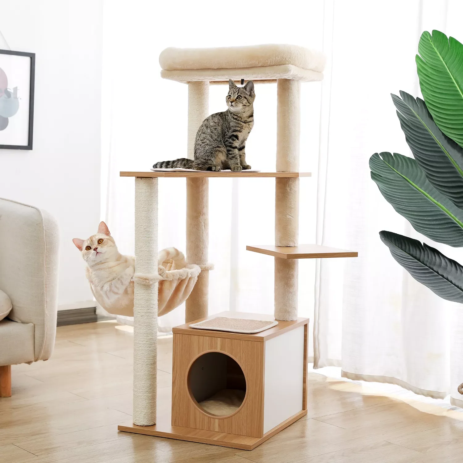 Modern Cat Tree Cat Climbing Tower with Sisal Scratching Posts Luxury Large Hammock Condo and Top Perch with Playing Ball