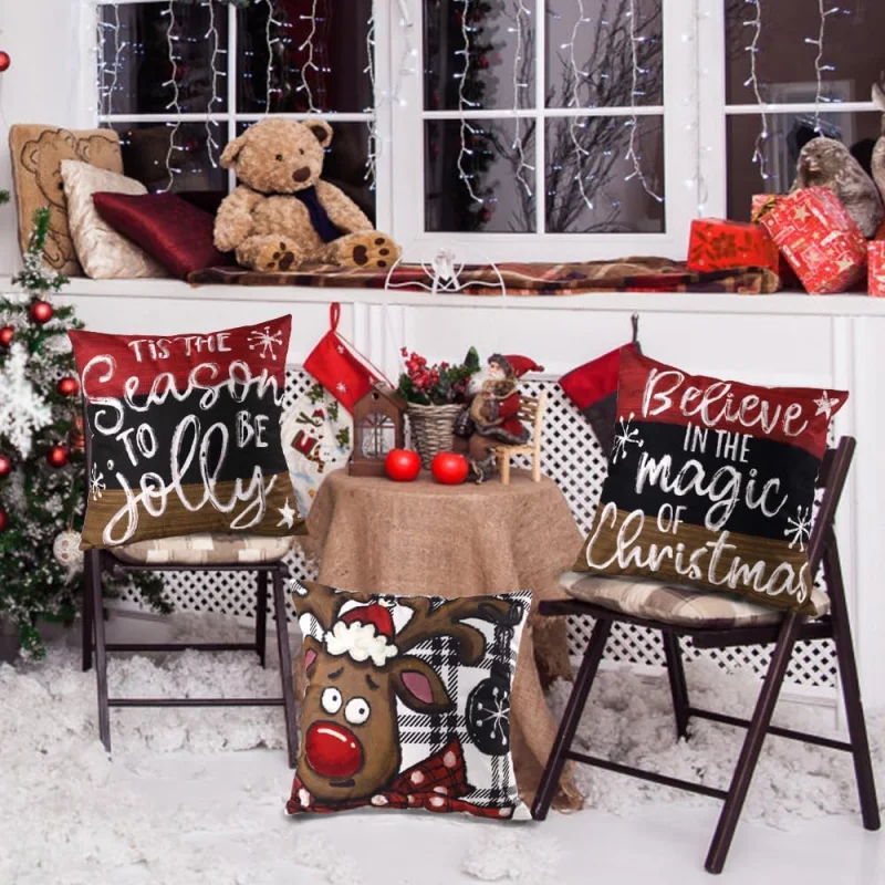 Рождественский снеговик в клетку Баффало зимние наволочки с оленями