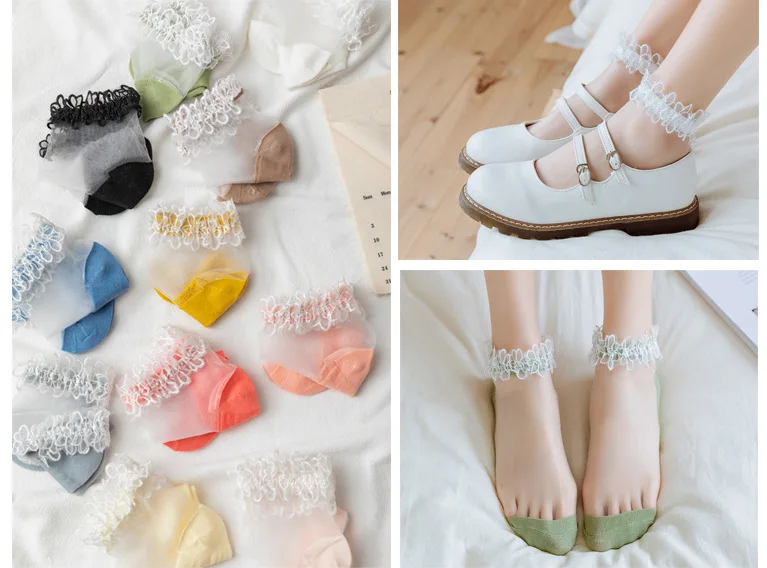 Lolita Boat Socks Short Lace Socks for Women Silk Socks Korean Style Summer Thin Transparent Glass Silk Socks 1 Pair