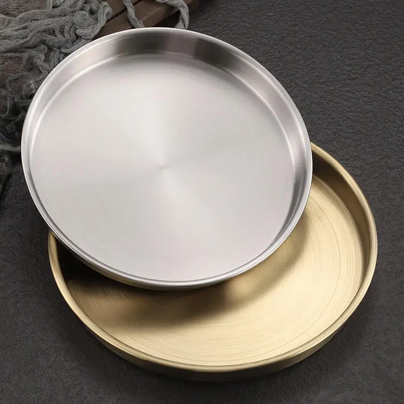 

304 Stainless Steel Plate Disc Commercial Golden Flat-bottomed Tray Thickened Cold Skin Sausage Powder Plate Steaming Plate Dish