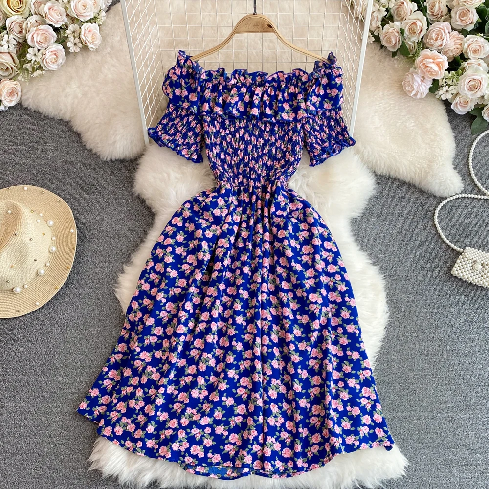 

Small Pure and Fresh Sweet Word Shoulder Shoulder Flounce Edge Waist Flower Dress Seaside Vacation Beach Skirt