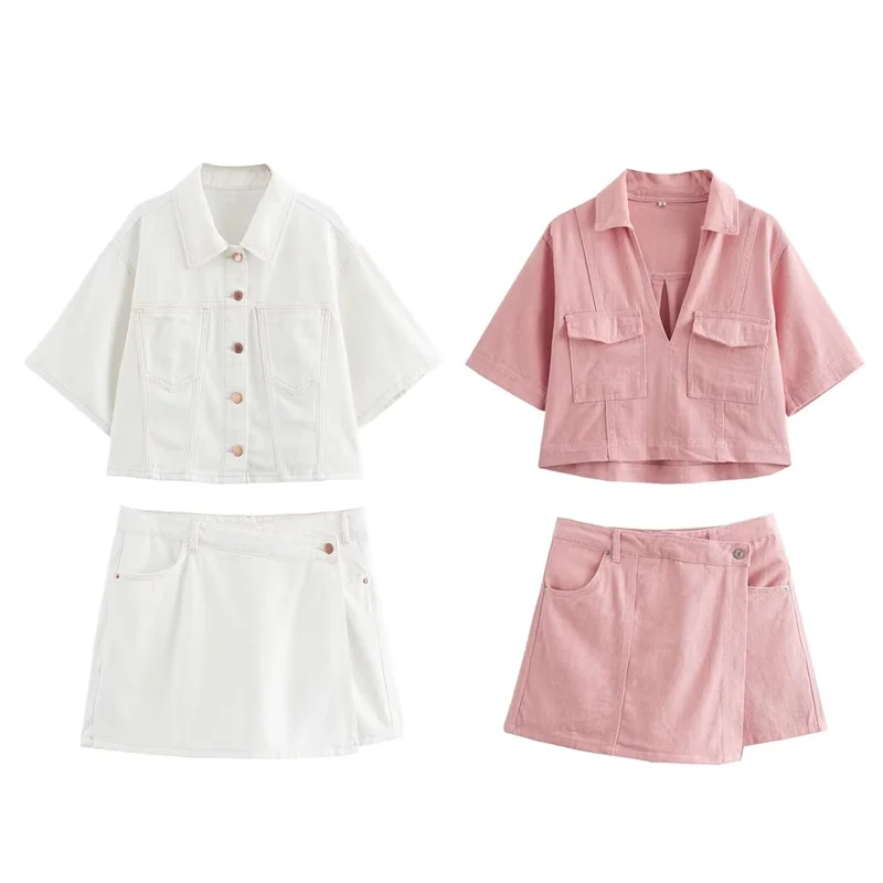 ZBZA 2024 Летний Новый Модный женский костюм с отворотами короткий джинсовый топ