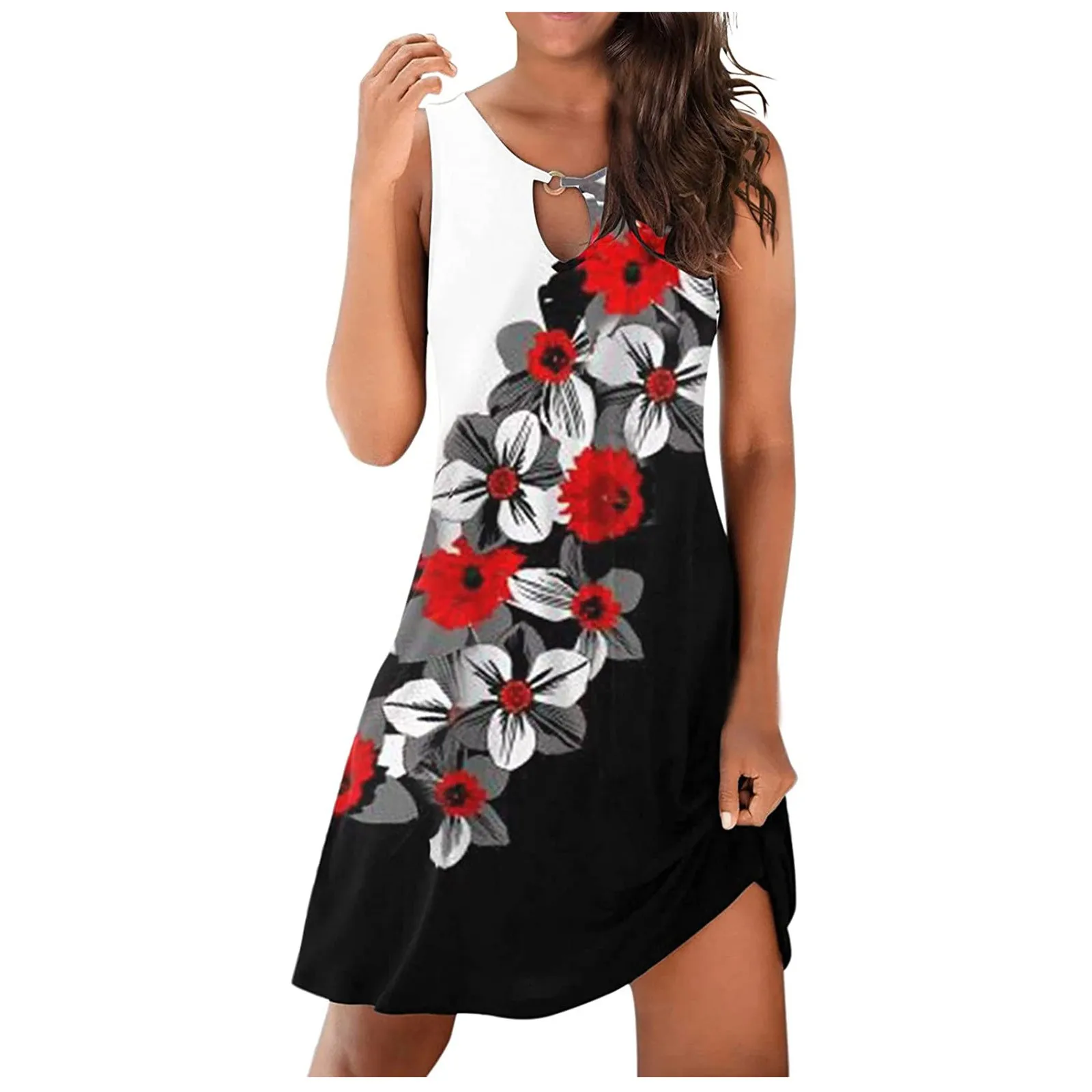 

Sleeveless Mini Dress Women Casual Hollow Out Sundress Loose Floral Peinted Straight Summer Dress Elegant Female 2022 VestidosS9