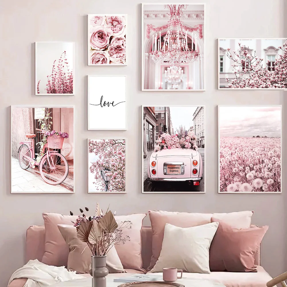 

Современный городской розовый пейзаж, холст, живопись, настенный художественный плакат и принты, цветок Бегонии, ретро, автомобиль, велосип...