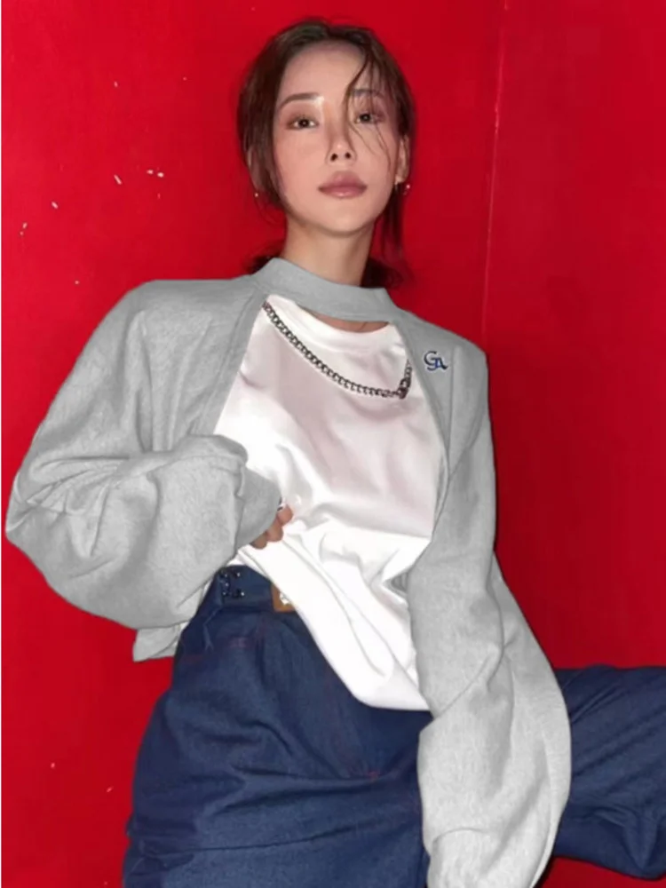 

Дизайнерская Милая новая Корейская Короткая Толстовка с вышитыми буквами, модные женские топы из двух искусственных частей, Необычные пуловеры, Топ NS97