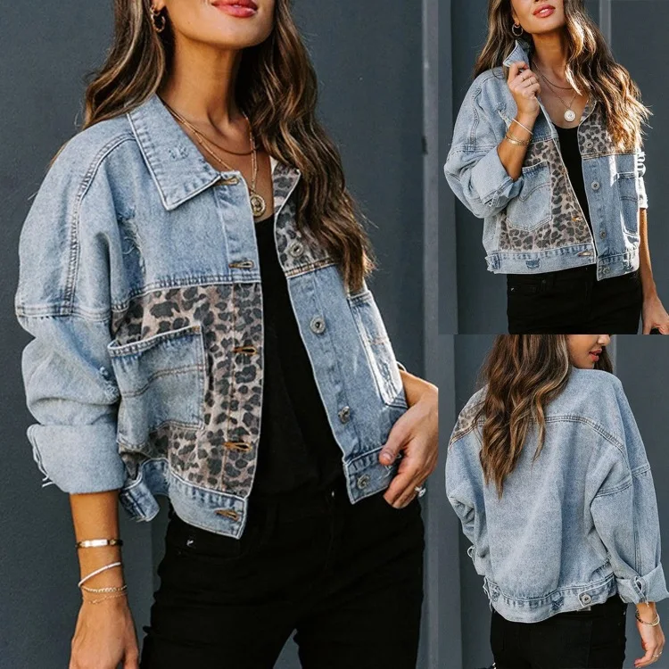 

Spring Autumn New Women Leopard Print Denim Jacket Design Sense Stitching Lapel Coat Loose High Street Retro Top Female Clothing