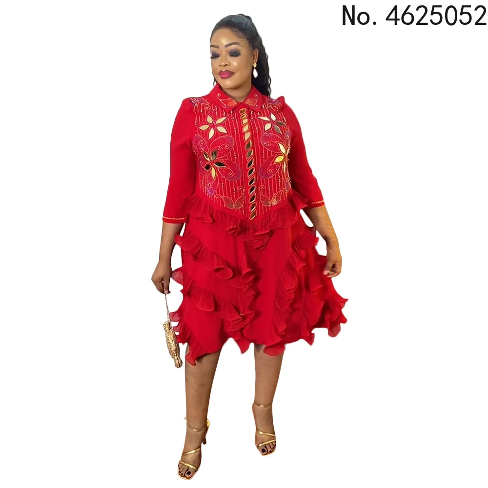 

2022 African Dresses for Women Elegant Party Event Pearl Beaded 3/4 Sleeve Stretch Knee-length Dress African Clothes Women