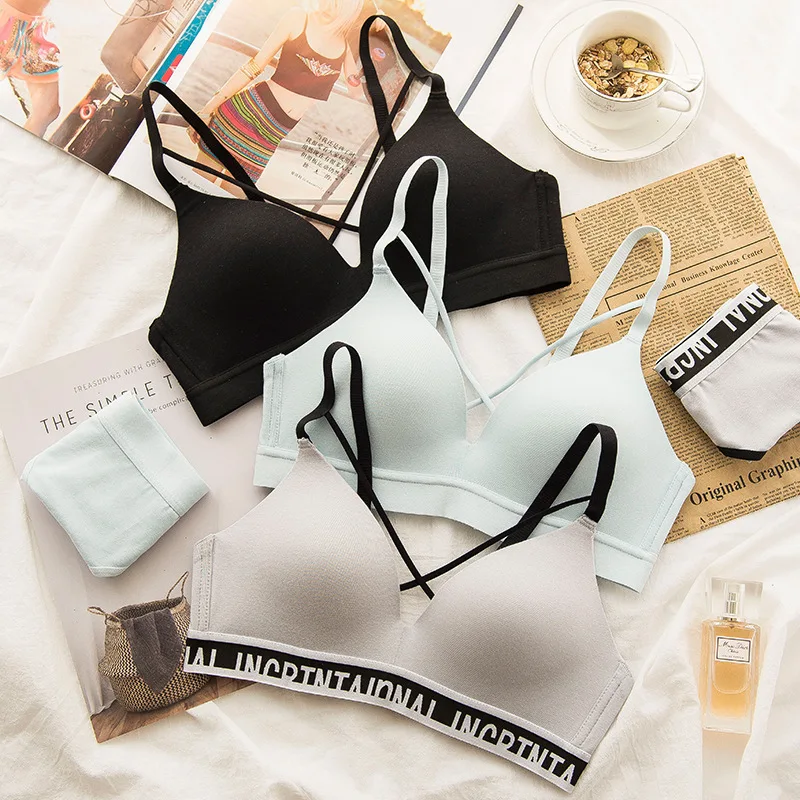 

Roseheart New Women Fashion Solid Blue Gray Sexy Lingerie Cross Straps backless Letter Printed Cotton Panties Wireless Bra Sets