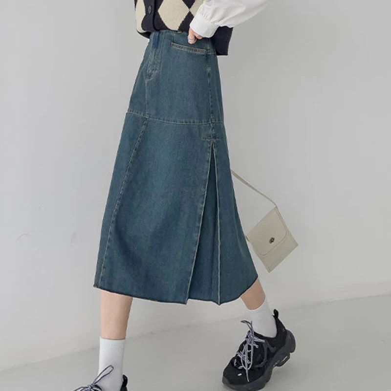 2022 season new vintage pocket color contrast denim skirt design  A-line long skirt  autumn  winter  korean style  denim skirt