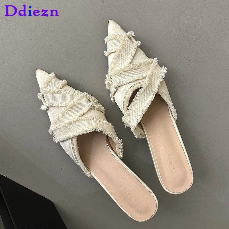 

Мюли женские на тонком высоком каблуке, туфли-лодочки, заостренный носок, сланцы, джинсовые шлепанцы, летняя модная обувь, 2023