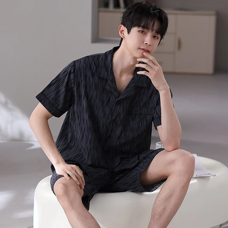 Высококачественные мужские пижамы из ледяного шелка летние рукава с короткими