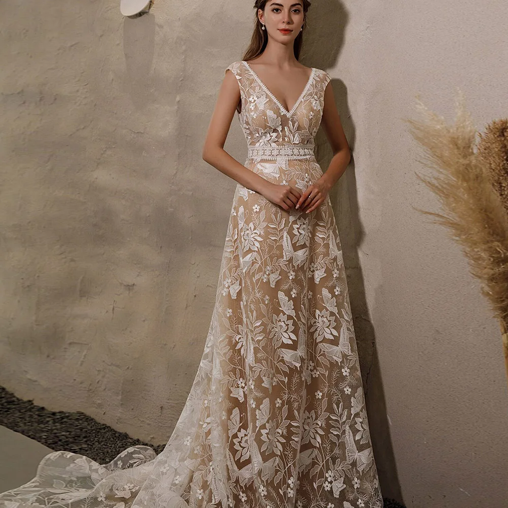 

Backless Wedding Dress For Bride 2022 Short Sleeves V-Neck Tulle Bridal Gowns Lace Appliques Boho Vestido De Novia Custom Made