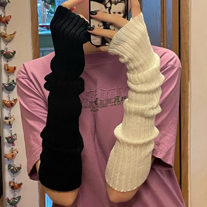 

1 пара модных перчаток, женские теплые длинные готические вязаные перчатки «сделай сам», Стрейчевые варежки, однотонные классические черные защитные перчатки