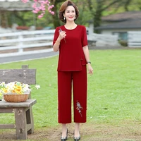 2022 middle women summer dress loose suit women short sleeved wide leg pants 2 sets large size embroidered shirt pants suit