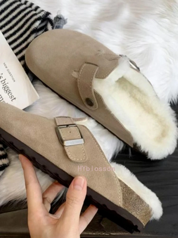 Women Suede Leather Round Toe Slippers  Casual Fur Inside Warm Winter Flat Hees Sandals Woman Plush Slides Women Plus Size