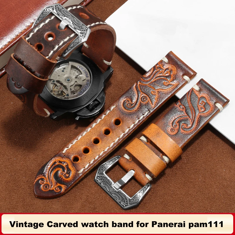 

Vintage Carved watch belt accessories for Panerai pam111 Tissot Casio men's 18mm 20mm 22mm leather watch belt