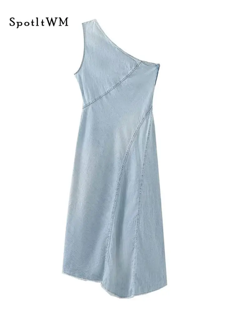 

Women Sexy Asymmetric Denim Long Dress Fashion One Shoulder Sleeveless Bodycon Dresses Female High Waist Streetwear Vestidos
