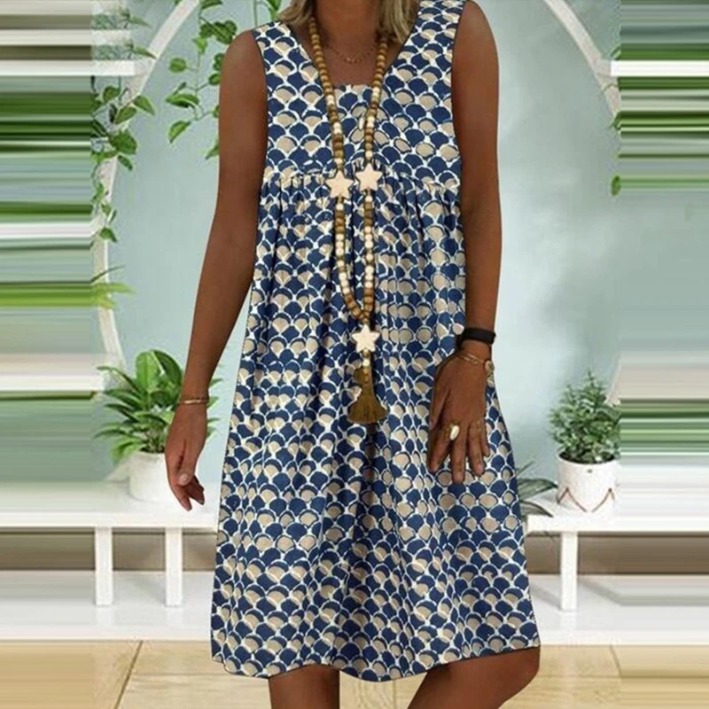 

H9ED Women Sleeveless O-Neck Fish Scales Print Print Pleated Hem Midi Long Tank Dress