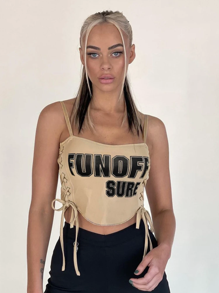 

Уличная одежда с буквенным принтом, облегающие топы на бретельках, женская одежда, бандажный повседневный летний кроп-топ на шнуровке, базо...