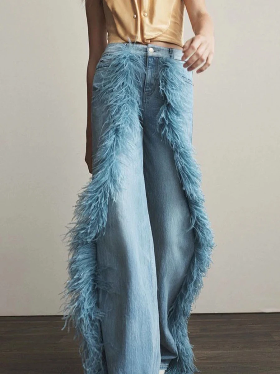 VGH винтажные прямые джинсы с плюшевыми украшениями для женщин шикарный дизайн