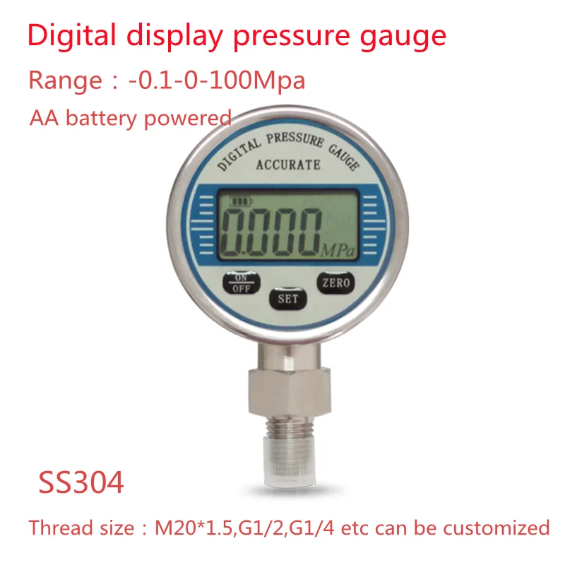 Electric pressure gauges LCD Digital display 60mm 100mm installed horizontally SS304 Stainless steel battery powered