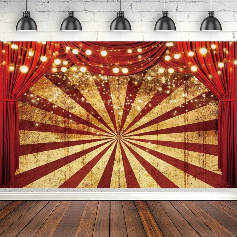 

Golden Glitter Red Curtain Photography Backdrop Circus Sparkle Stripes Background Baby Shower Birthday Party Cake Table Decor