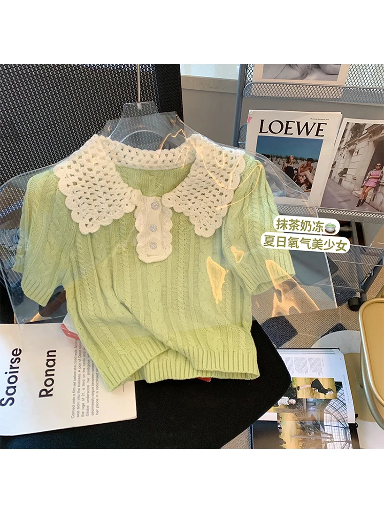 

Women's Green Knitted T-shirt Korean Y2k Short Sleeve Tee Top Clothes Harajuku Fashion Vintage Streetwear T-shirt Summer 2023