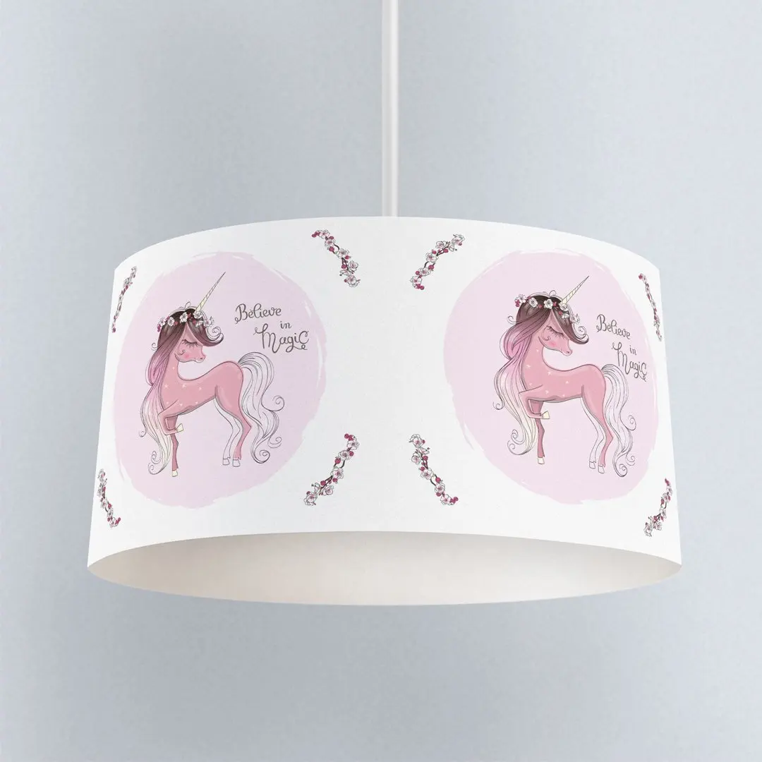 

Круглая Люстра в форме барабана с милым единорогом, лошадью, мультяшным принтом, для детской комнаты, ПВХ тканевая крышка, Потолочная люстра, декоративная светодиодная