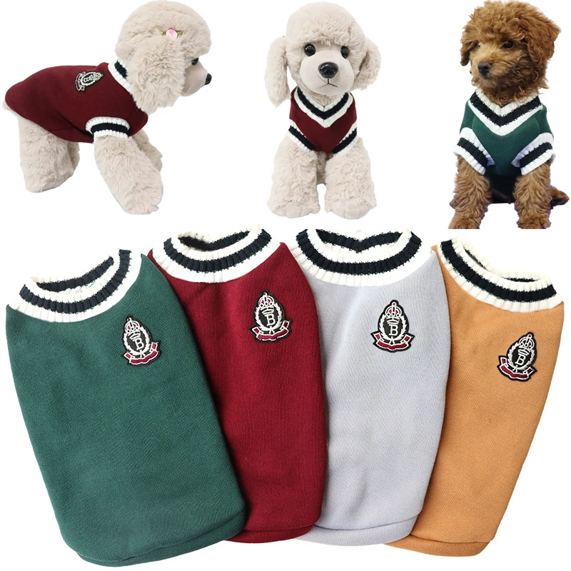 

Dog Cat Sweater College Style V-neck Teddy Knitted Vest Pet Puppy Winter Warm Clothes Apperal for Small Medium Large Dogs Cats