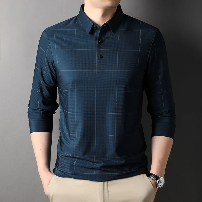 

Рубашка-поло мужская с длинным рукавом, шикарная бесшовная блуза в клетку, деловой Повседневный Простой Топ, размеры до 4XL, весна-осень