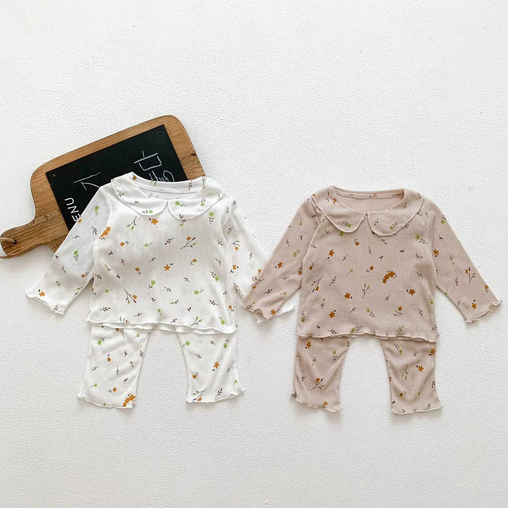 

2022 Kid Autumn Retro Floral Long Sleeves T-shirt Soft Sweet Peter Pan Collar Tees+ Loose Cotton Pants 2pc Set Boy Homewear Suit